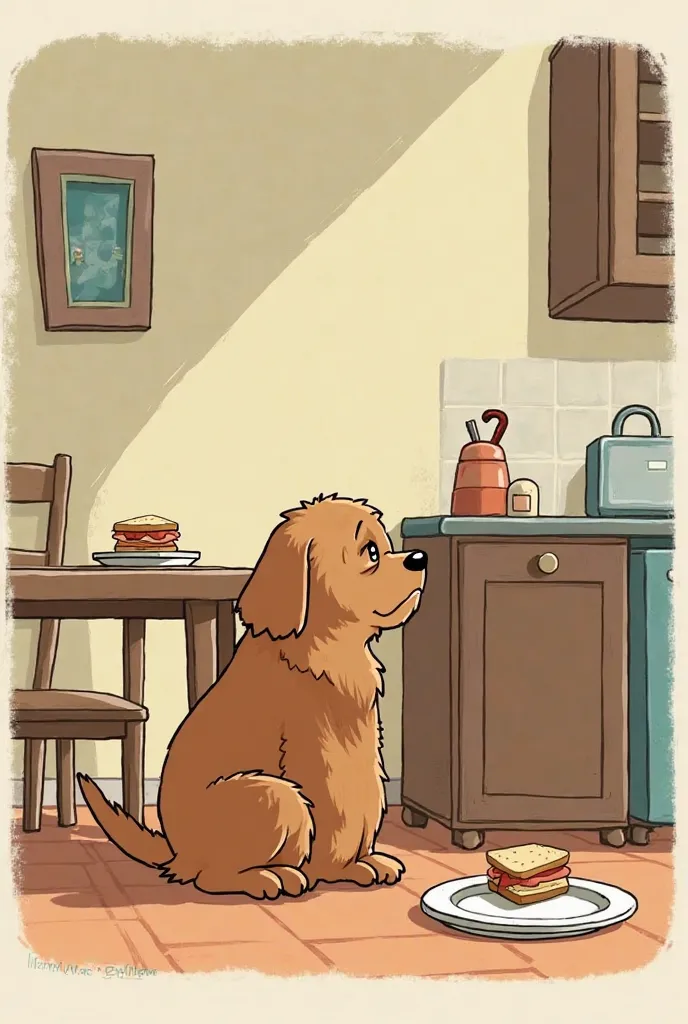 Vignette 1: (Max, un perro regordete y happy, he is sitting in the kitchen looking at his empty plate with a sad face.)
Max (thinking): Again empty? Esto no puede ser…

Vignette 2: (Max sees his owner, una niña llamada Sofia, eating a sandwich on the table...