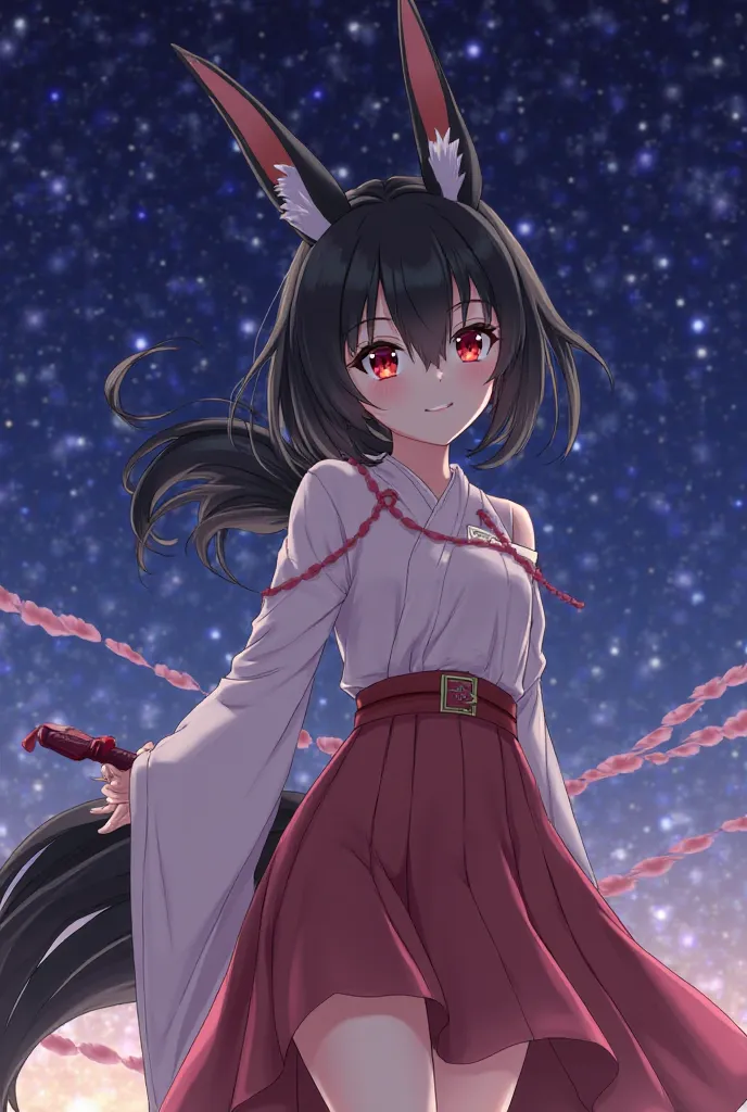 Black Haired Ponytail Fox Ears Lolicon Night Sky Sakura Sword Anime Red Eye Sex