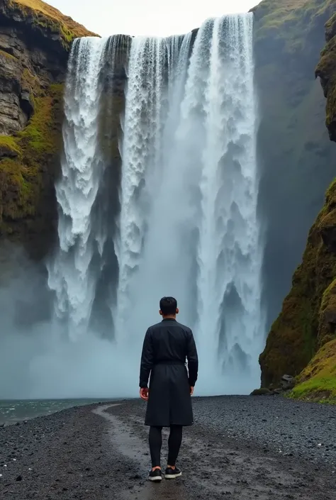 arafed man standing on a path in front of a waterfall, a picture by david rubín, instagram, hurufiyya, standing in front of a waterfall, with a waterfalls, waterfalls in the background, standing near a waterfall, with waterfalls, next to a waterfall, water...