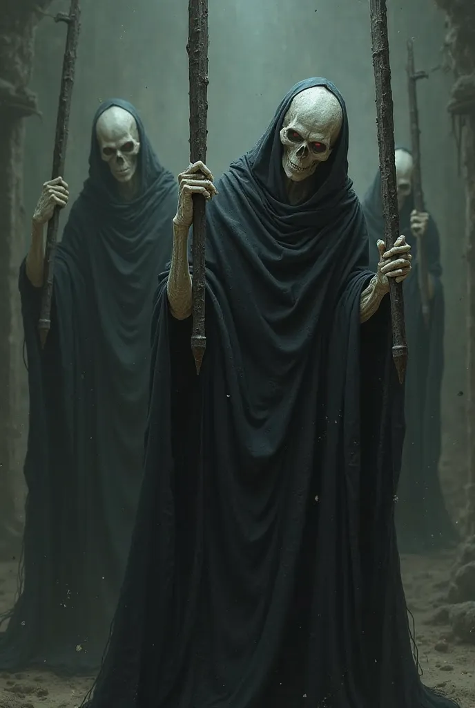 Pale men with black capes, almost skinless, that hold large needles