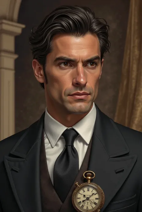 he is character from book his skin is a little bit tanned but not too muck he has  light brown eyes like whiskey, sharp face lines and dark brown hair, wears a suit and hand clock
