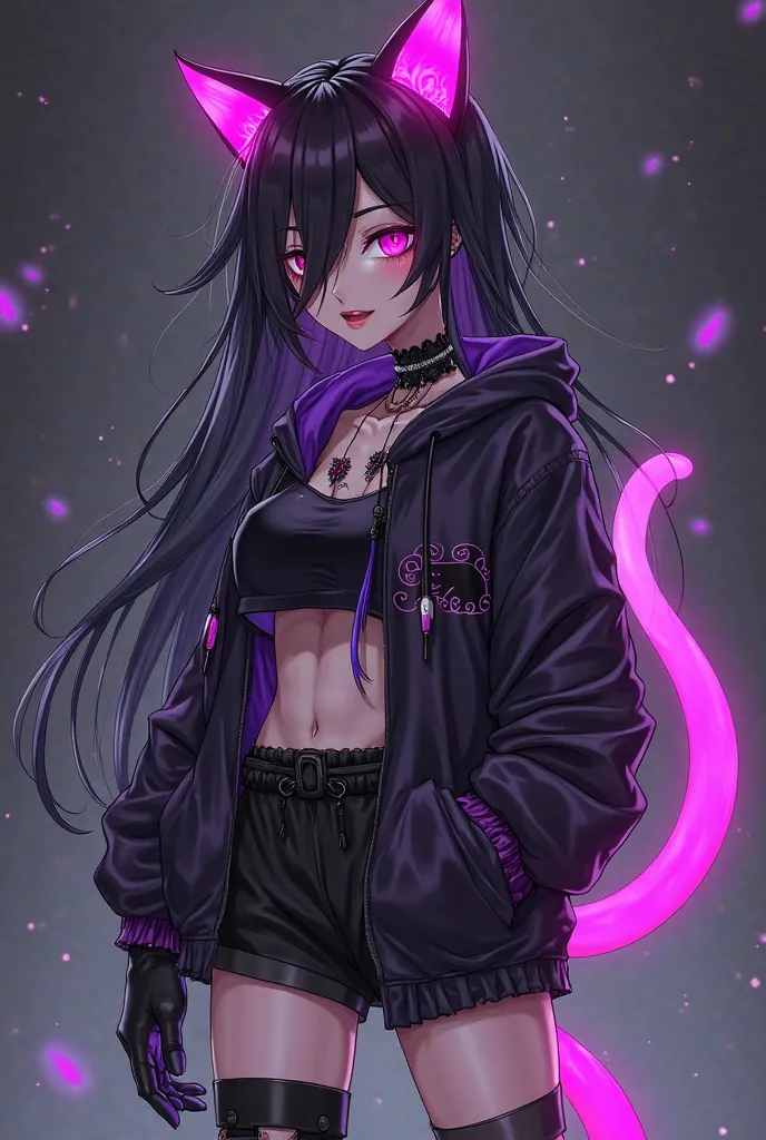 Anime Femboy Boy long Hair Falling Over Eye Black, neon pink eyes, feminine appearance, black cross earrings, Piercing in the corner of the lip, black choker, black and purple hooded sweatshirt with belly showing, long black gloves, black shorts with a pur...