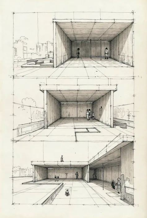 Based on the reading The Lost Steps of Le Corbusier, make 4 diagrams by hand and in perspective, illustrating the spaces that the author talks about.