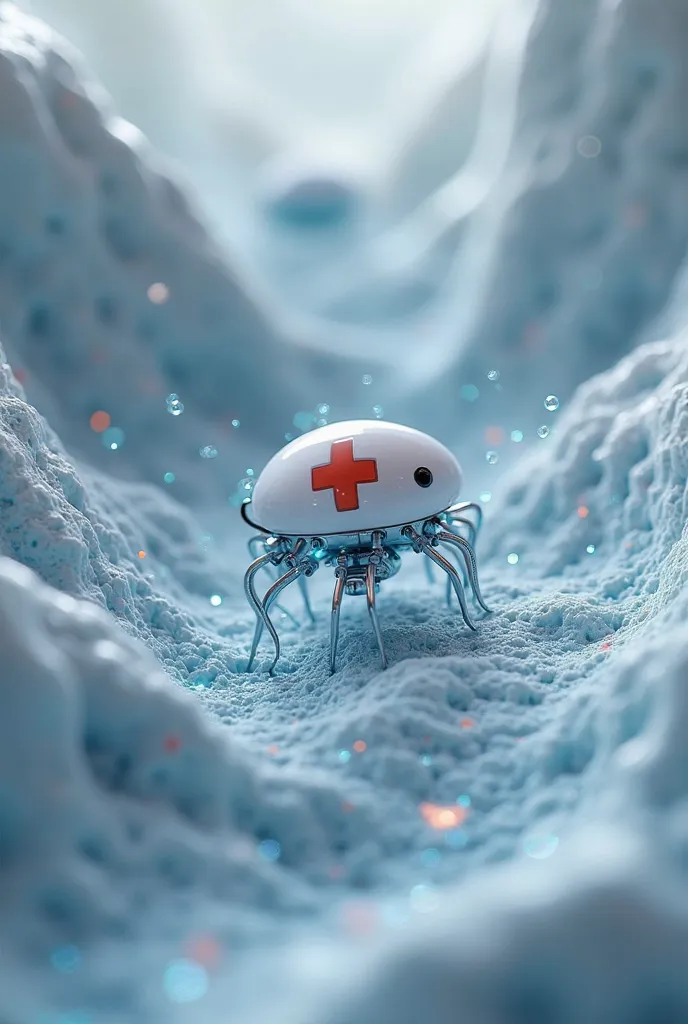 Nanobots inside a vein helping to fight a disease by spraying a blue liquid and the nanobot has to be white with a red cross 