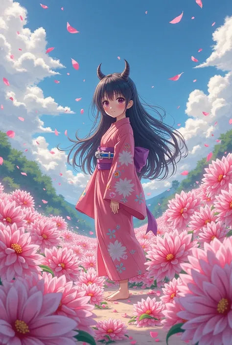 Anime animation of Nezuko surrounded by pink flowers she is standing normally like a human