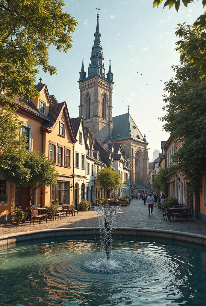 Now imagine taking a picture of that church and the houses next door from the front of the fountain