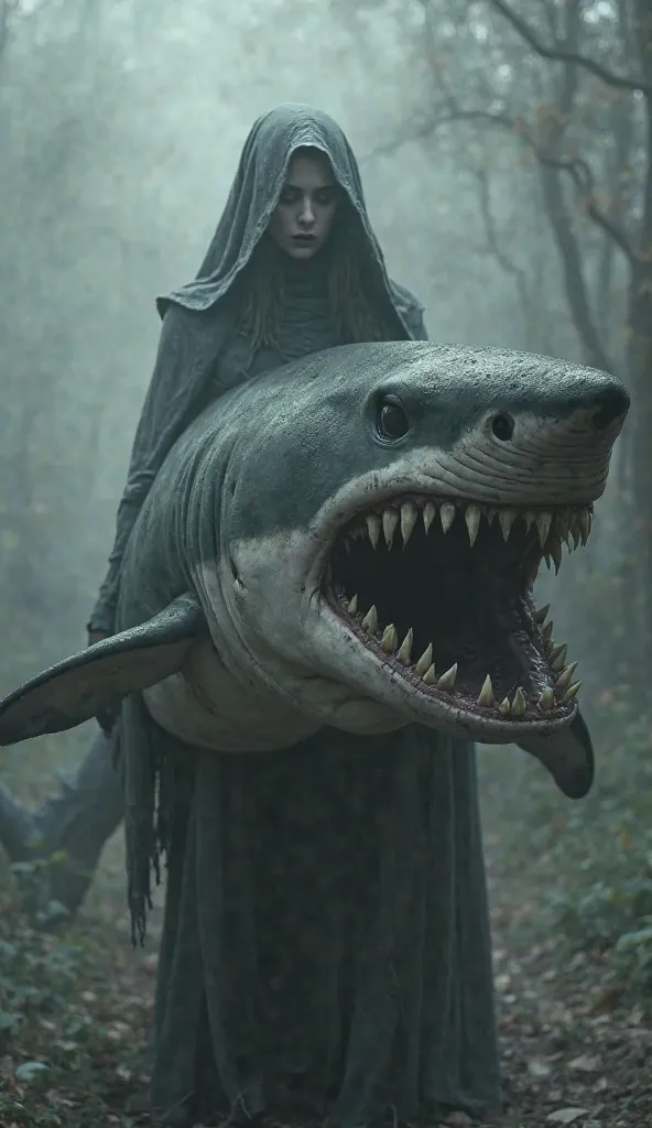 A woman who looks like a witch, smoothing a large shark with giant teeth, photorealistic, 8k, HQ,  detailed, studio lighting,  vivid colors, careful composition, Digital Art, surrealist concept, Fantasy, grayscale, smoke, mist,  mystical atmosphere, myster...