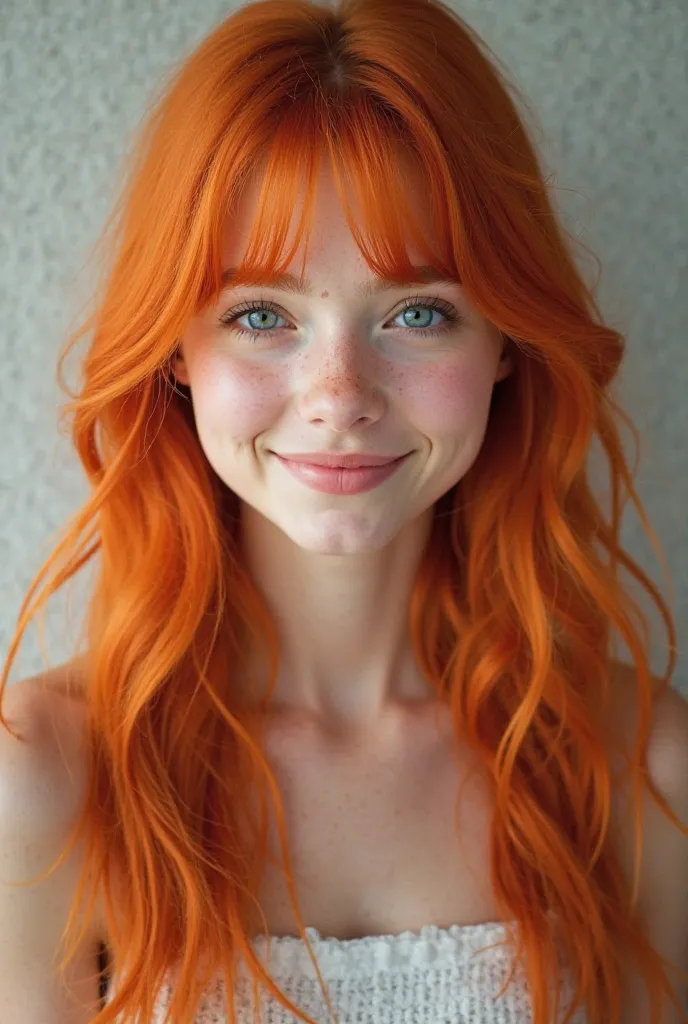 
orange/red hair,
Smile, Bangs, Blue eyes, Long Hair, HD, realistic 