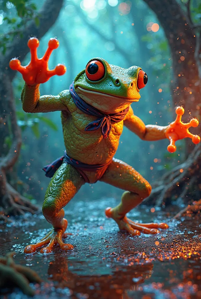 A street fighter tree frog in handkerchief during martial arts in the middle of a poisonous slough. 80's action movie colours and style