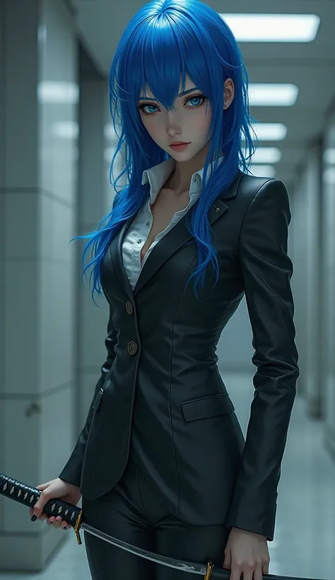 Blue-haired girl in a tight suit and secretarial heels and has a katana