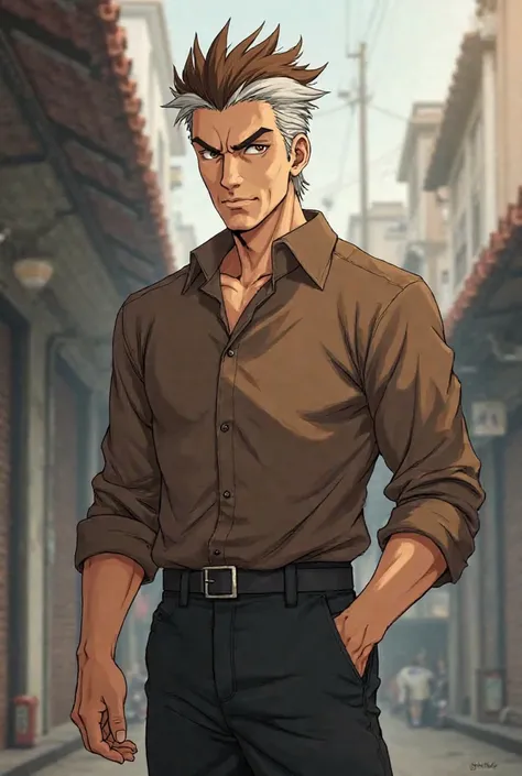 The anime character is a man in his forties who has brown hair, tall hair, brown hair, white hair in her hair. He wears a brown shirt, black pants, short hair and hazel eyes  