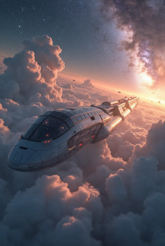  A spaceship shaped like a train is heading to the galaxy.,Hope emerges from the clouds,A great place on Earth, a huge paradise that looks like science fiction.,(The background is outer space and Andromeda),masterpiece,highest quality,Ultra High Resolution...