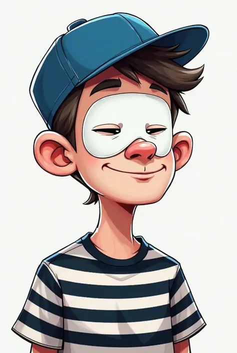 Create a male cartoon style photo with a blue cap on the back and a black and white prisoner's shirt and a white mask covering his nose and mouth 