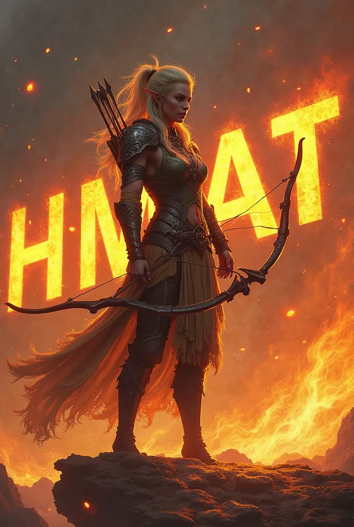 An elf warrior with a bow and arrow, with the acronym HMAT on fire in the background