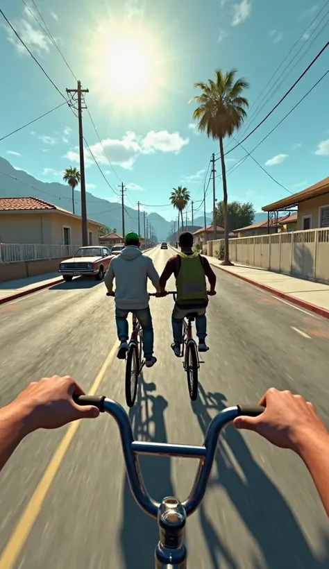 A first person scene, estilo point of view (throw), as if the viewer were inside the world of Grand Theft Auto: san andreas: The perspective is immersive, with the hands of a human visible riding BMX, The front is CJ and Ryder riding BMX through the street...