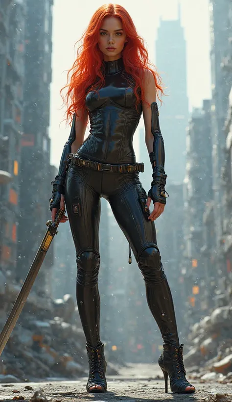 Red-haired girl in a tight suit and open heels and has a katana