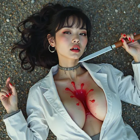 Gorgeous asian woman, with ponytail & short bangs, hoop earrings, choker, huge oversized breasts that have large red liquid circle tips with white lab coat that's been ripped open. She is lying on her back of floor of gravel ground. She has a large knife b...