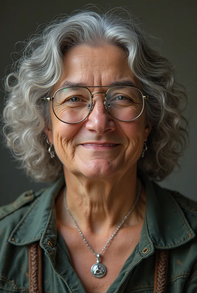  science teacher , Shoulder-length curly and gray hair,  almond-colored eyes , with glasses with black rim, silver triskle pendant necklace, b-army, bts, botany,  a little overweight