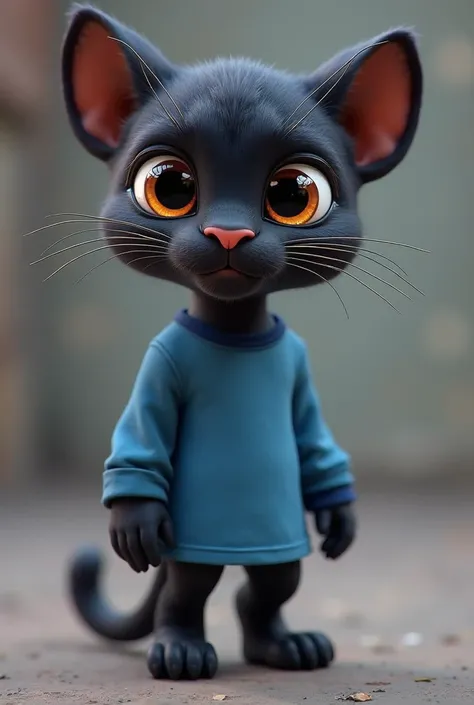 A cute and beautifully black panther 
With flirty eyes and a seductive look who wears a sporty blue long sleeve t-shirt, this panther has an attitude and walks on two legs 
Like Disney characters in 3D