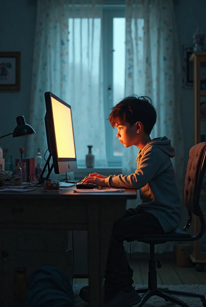 Boy in the dark room at noon with his mouse