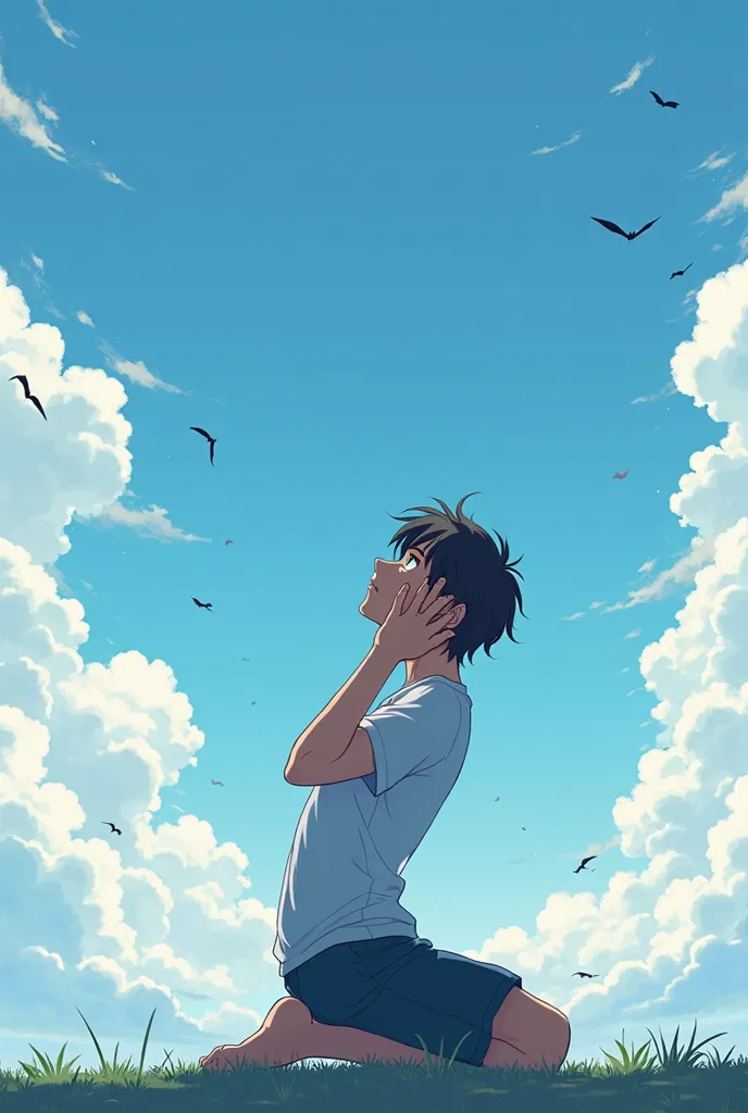 A young man knee and looking the sky put his hands on his head, Side view 
long shot, Anime Style