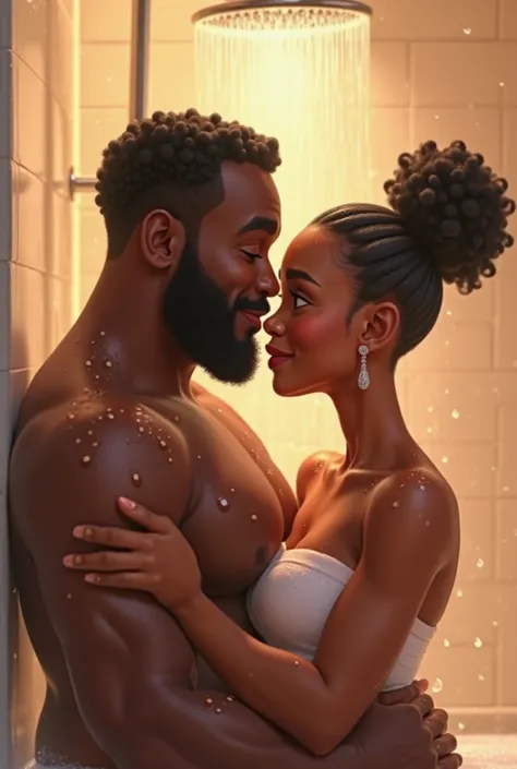 Pixar couple he black man Chubby she black bald skinny taking a bath in the shower 