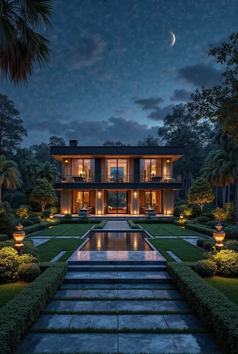 A luxurious and modern mansion garden at night 