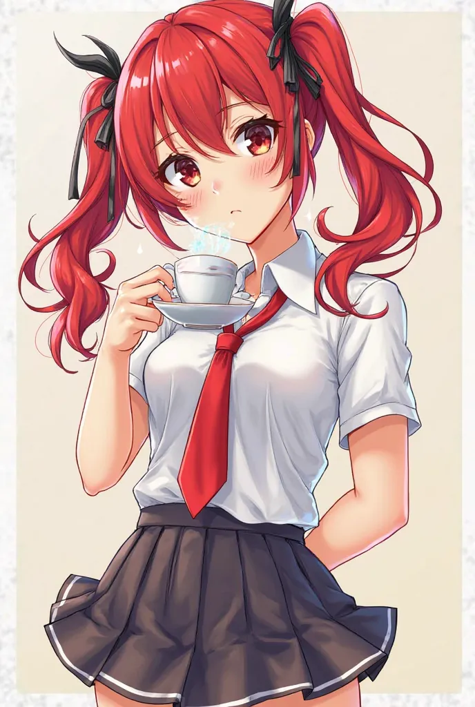 Create an image of a red hair anime with pigtails that has black streaks in her hair. Make her wear a Japanese schoolgirl outfit and holding a cup of coffee