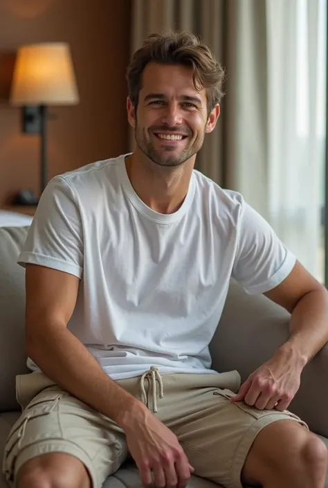 Create the image of a 25-year-old man, Old money brown hair, brown eyes, lightly tanned skin wearing Manfinity EMRG Men's Casual Summer T-Shirt Set with Solid Color Round Neck and Short Sleeves and Cargo Shorts with Drawstring Waist sitting on a sofa in a ...