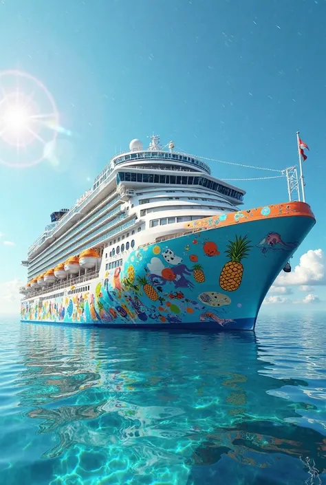 Sure! Here’s the prompt in English:

“A massive, colorful, and whimsical cruise ship inspired by an underwater world, sailing on a breathtakingly beautiful sea with crystal-clear waters. The ship is decorated with designs reminiscent of ocean life, bubbles...