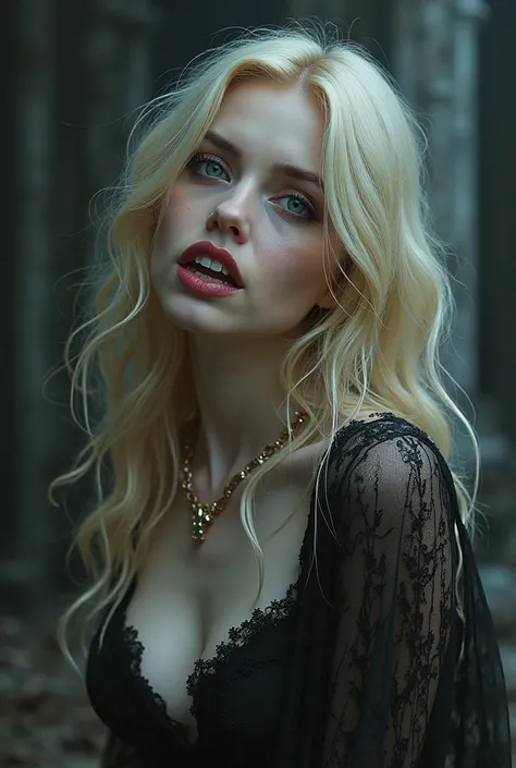 Can you make me an image of a blonde vampire showing her long fangs  