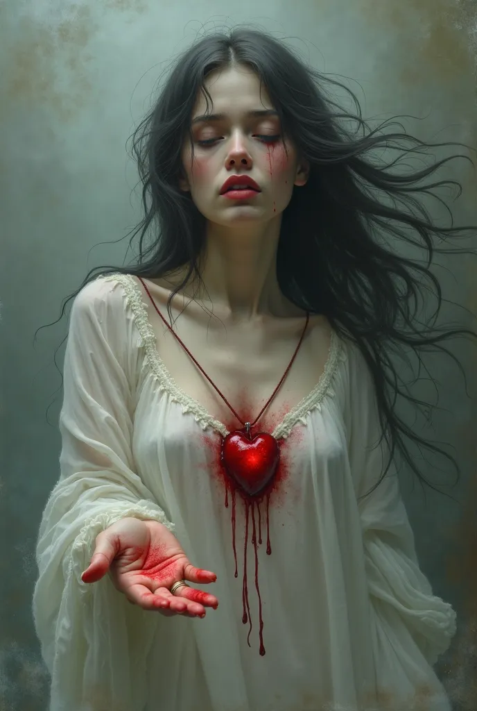 Create an image of a woman whose heart is pierced and is beading and she has opened her hand soaked in blood