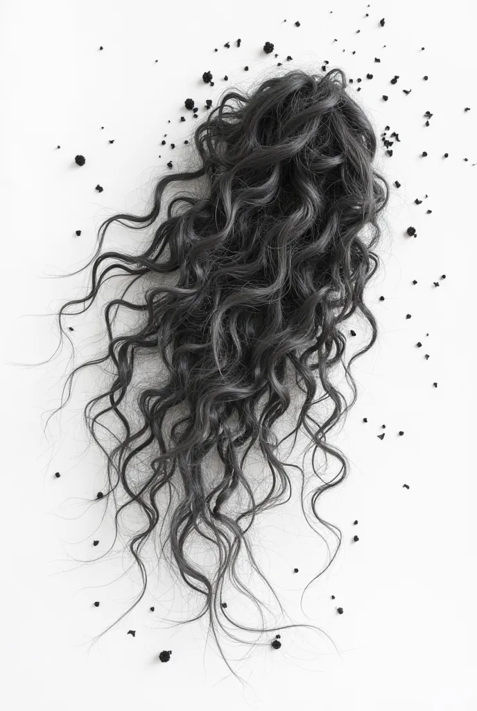 a totally white background with locks of cut hair of all kinds (curly, seeds, etc) lying on the white background but that the image is in black and white and there is a little more hair also straight hair without dots 