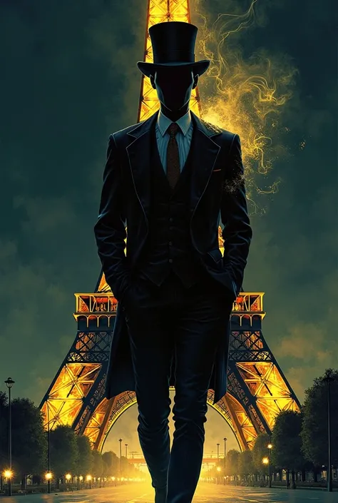 A 34-year-old man, tall and slender, wearing a black suit made from golden smoke,  Dark eyes,  top hat, walking near the Eifell Tower at night, Manga art 