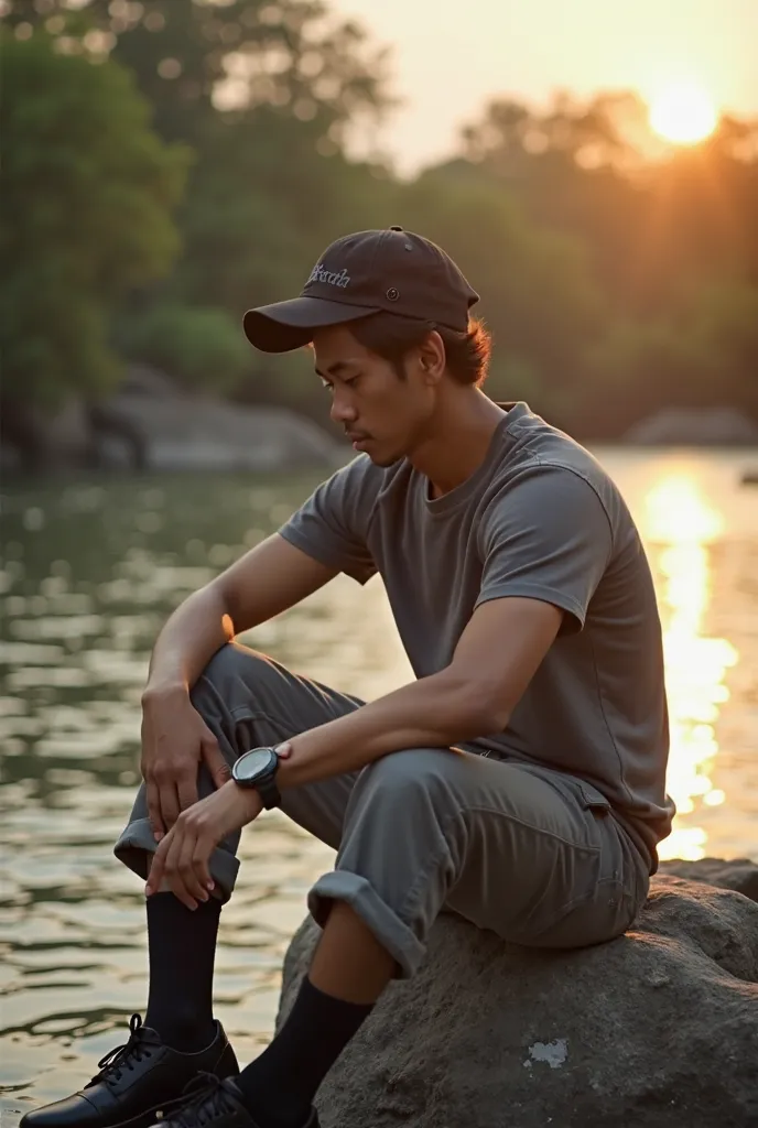 A Malay man ,young and medium handsome , dark hair short curls Klimis ,  normal body , wears steady cloth, wearing a watch ,gray pants ,black socks, black shoes , sits on rock at riverside ,stare intently down looking not too happy, wears black cap, agains...