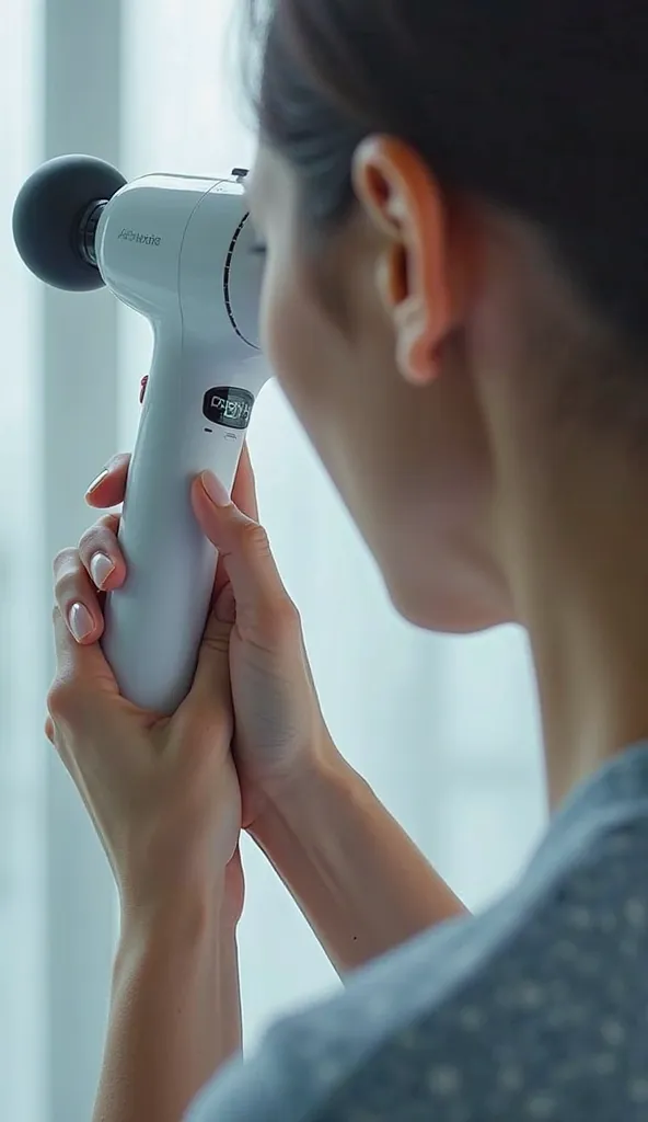 Image of a person holding the massage gun without showing the mark, with the text on the screen: 'This isn't just a massage gun... it's practically a physical therapist in your hand!'"