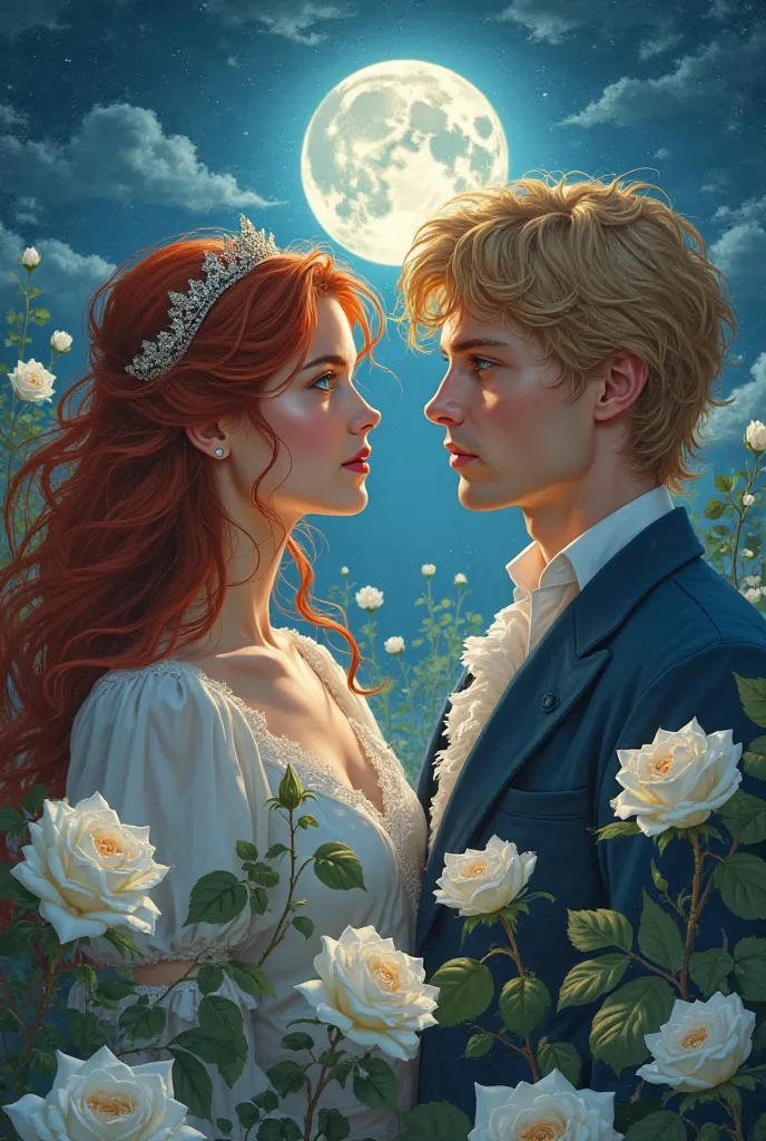 Create a book cover featuring a red-haired princess with dark green eyes and a prince with blond hair and blue eyes looking forward into a white rose garden in the night sky. Make real people 