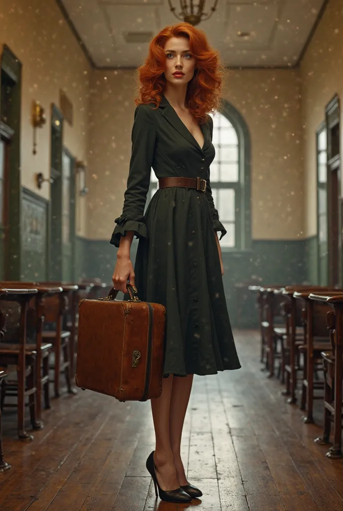 Pretty woman with a suitcase in an old school with wavy red hair saying goodbye 