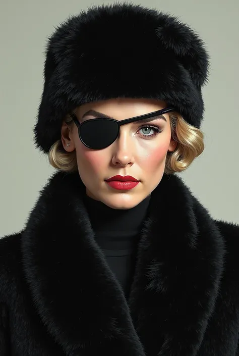 Create a portrait of Grace Kelly wearing a black plush coat, Soviet ushanka and left eye patch