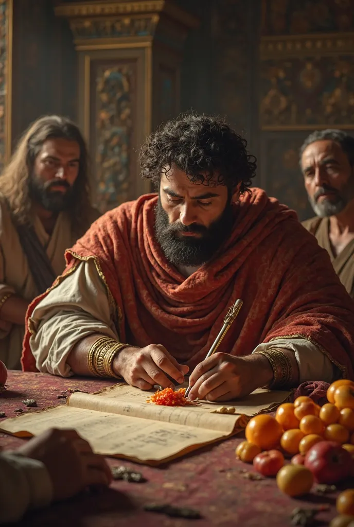 Give me an image of Mithridates in his private chamber with physicians and scholars, examining the poisoned fruit, taking notes on parchment, then consuming a small piece himself while measuring his pulse.The image should be hyper realistic and in 8k