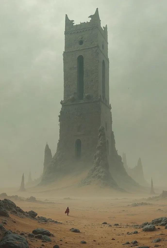 a desolate tower in a dark and sandy world