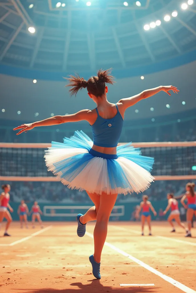 A carillon dancer with a white and blue tutu, What goes around on the tip of a single foot in front of a volleyball net inside a stadium during a volleyball match with the teams on the field the teams are mixed men and women and the image is in front of th...