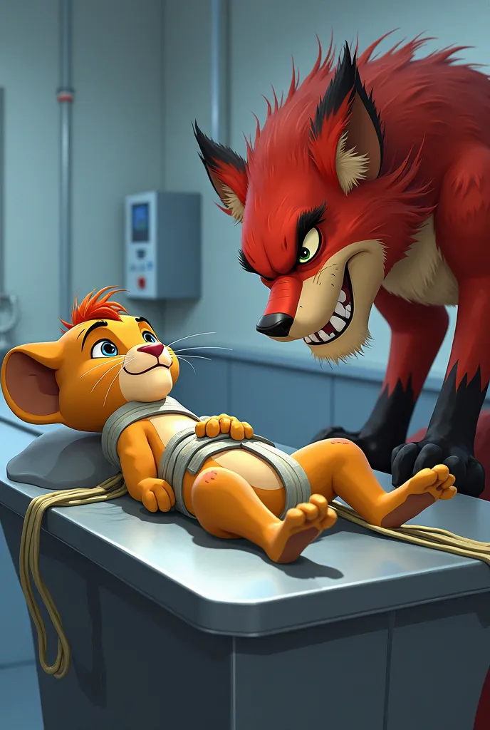 Kion from the lion guard strapped to his back on a metal table in a sterilize lab.  A red fox is holding a scapal about to dissect him.  