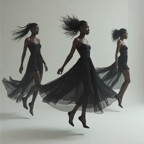 📸 Black models float in an environment where gravity doesn't exist. Their bodies glide through the air with flowing fabrics and shoes that don't touch the ground, but levitate elegantly around the feet. Light dresses like mist wrap around the bodies,  crea...