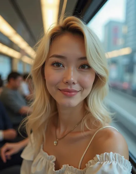 A breathtaking blonde woman taking a casual yet stunning selfie inside a modern Tokyo train. She holds her phone at a slightly tilted angle, capturing her flawless face and soft, golden waves cascading over her shoulders. She wears a chic, off-the-shoulder...