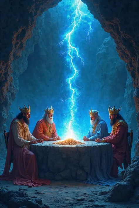 I want various pictures of this story
The title of the scene is: "the council of the kings of the jinn"

(is a dark cave whose walls glow with blue fire. Four fairy kings sit around a stone table, each of them representing an element: fire, water, air, and...