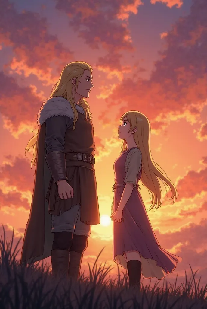 
Anime Vinland Saga.Imagine a beautiful sunset, where the sky is painted in bright shades of orange, pink and purple. Thorfinn and Grethier stand in the foreground. Thorfinn, a manly Viking with long blond hair and an expression of determination,  is weari...