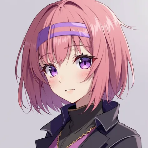 a beautiful adult woman, with short pink hair, a purple stripe across your forehead, Eye with white color, And the back of the eye in purple, Absence of a pupil and with a pirate look with an anime-style overcoat