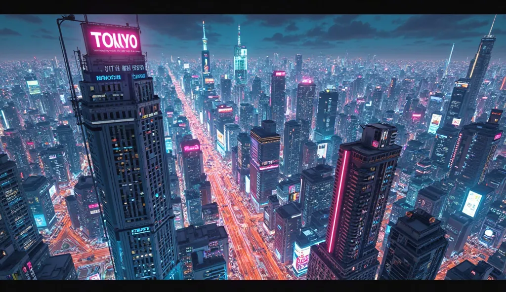 Create an anime-style image using neon tones and without people, From a top view of the city of Tokyo. 90's.