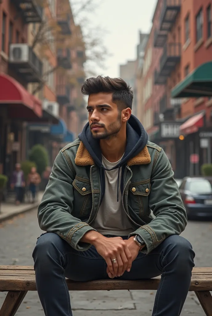 Realistic beautiful young Latino sitting at a bench in brooklyn